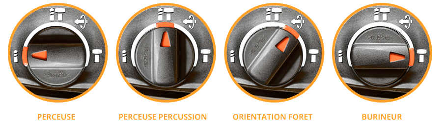 Différents modes d'un perforateur : perceuse, percussion et burineur